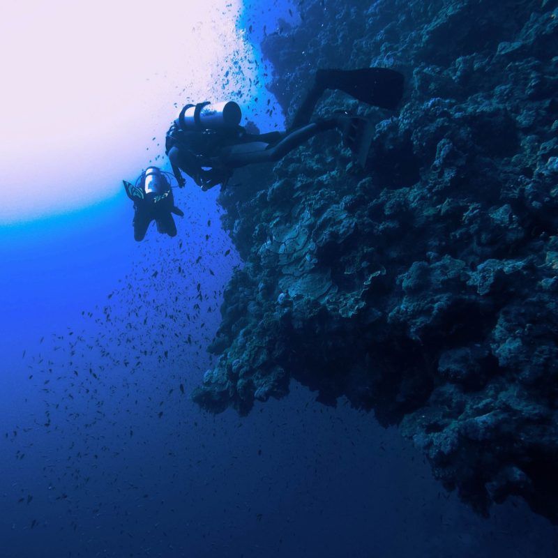Buceadores en la pared del blue hole, Dahab